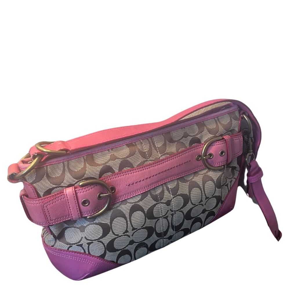 Coach Pink Signature Khaki Canvas Leather Shoulder Bag - Picture 3 of 13
